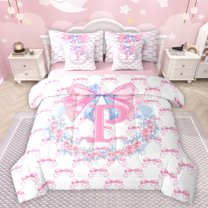 Castle Fairy Personalized Initial Bowtie P Bedding Comforter Set 7 Pieces for Kids Children Teens,Pink Bow Knot Full Bedding Set Lightweight,Chic Pink Floral Flowers Fitted Sheet Flat Sheet