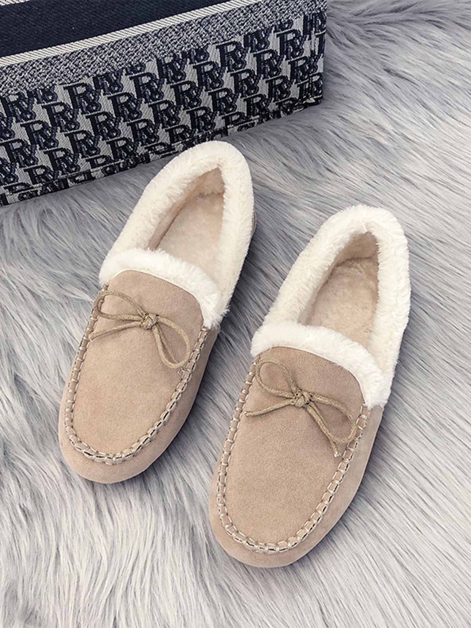 100% Leather Brown Navy Women Ladies Indoor Shoes Slippers Warm Moccasins 