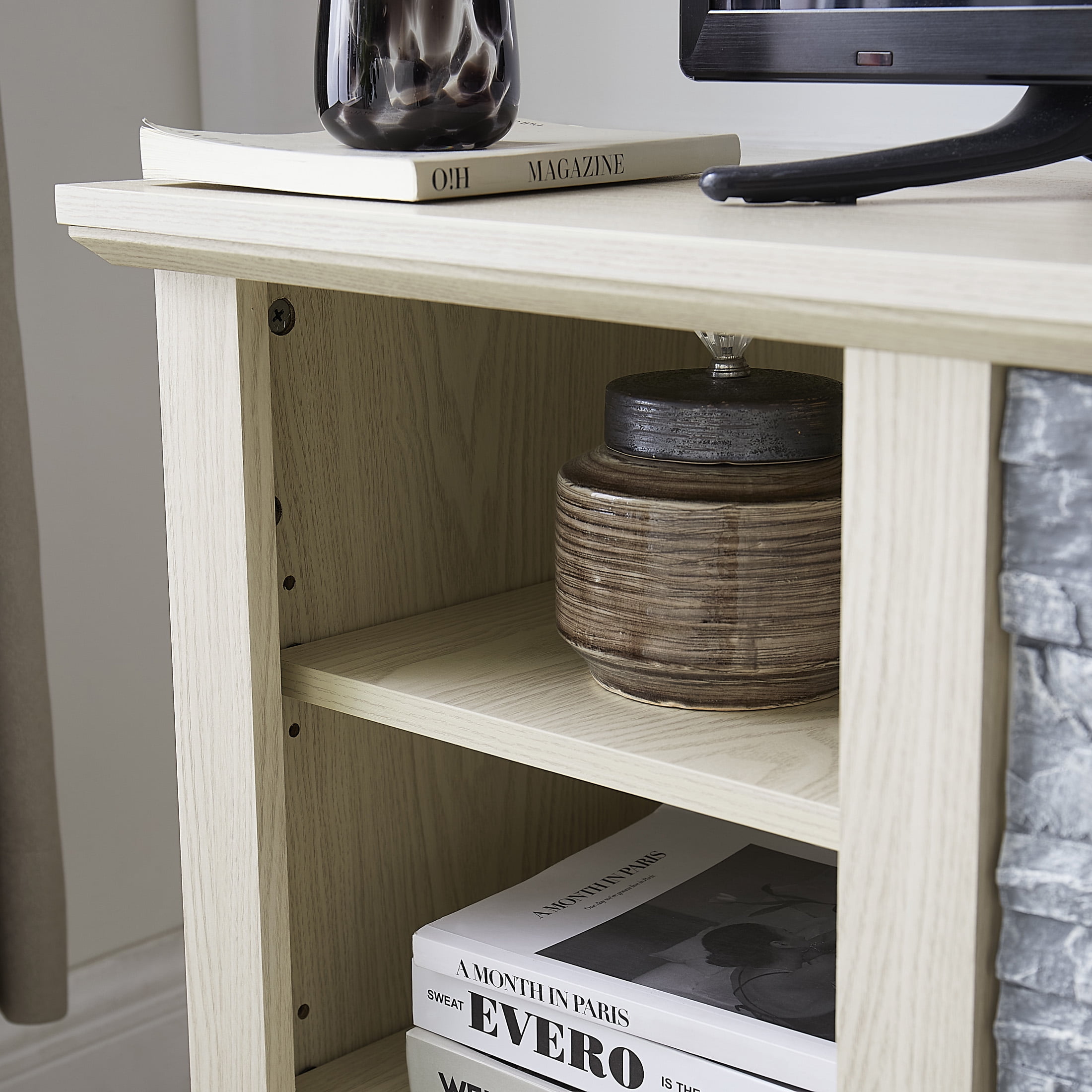 Aukfa TV Stand for TVs up to 65" with Faux Stacked Stone Surround for Living Room, Oak
