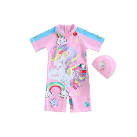 

Imcute Little Girl Summer Swimwear Unicorn Print Short Sleeve Swimwear Rash Guard Bathing Suit Zip with Hat