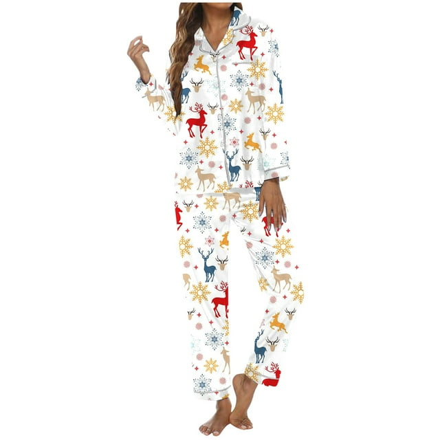 YTIANH Women's Christmas Reindeer Pattern Long Sleeve Pajama Sleep Set D,L