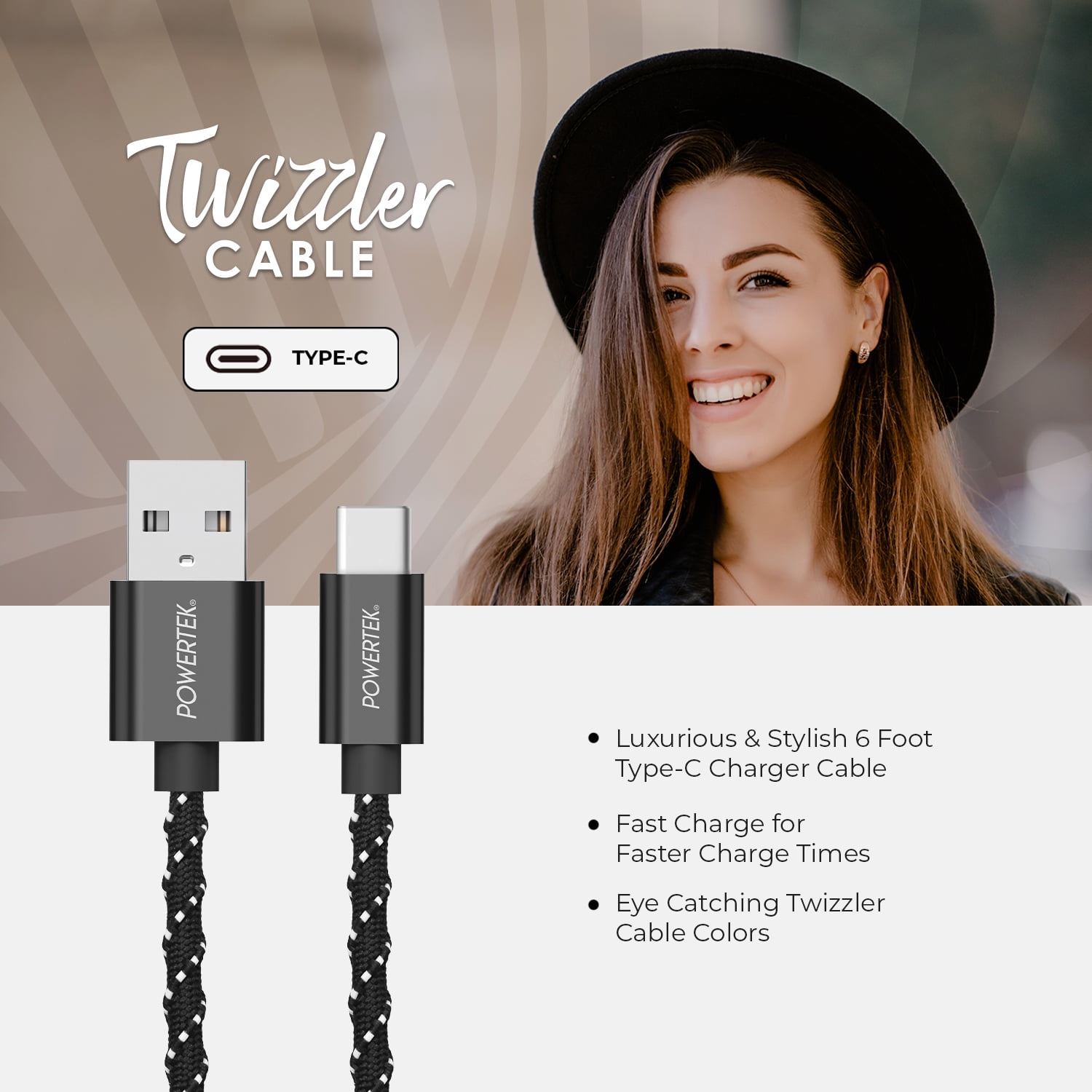 Liquipel Powertek Twizzler USB-A to USB-C - Black