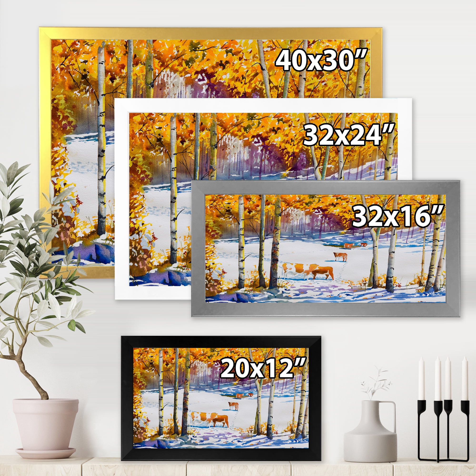 Designart 'Cattles In The Early Snow In The Tree Forest' Farmhouse Framed Art Print