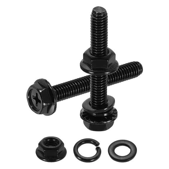 M6 x 40mm 10Pcs Phillips Flanged Hex Bolts with Nuts, Flat & Lock Washers, Black
