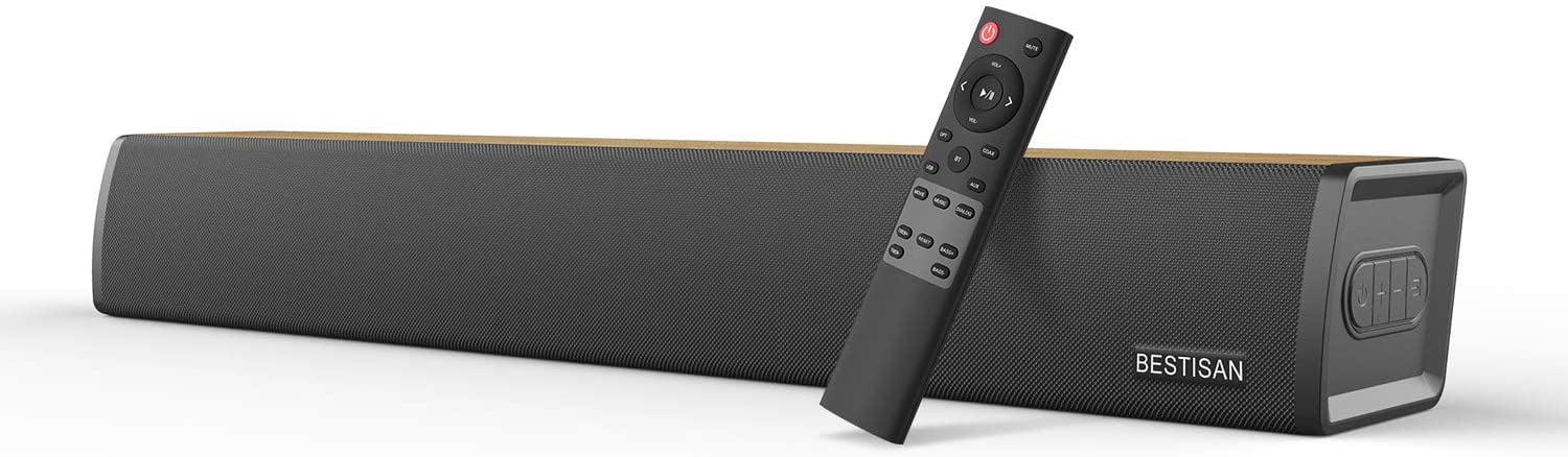 Sound Bar BESTISAN Soundbar for TV 2.0 Channel Sound bar with Wired and Wireless Bluetooth 5.0 Home Audio Speaker 24-Inch, 60W, Deep Bass, 3 Equalizer Modes, Optical/Coaxical/Aux in Connection 