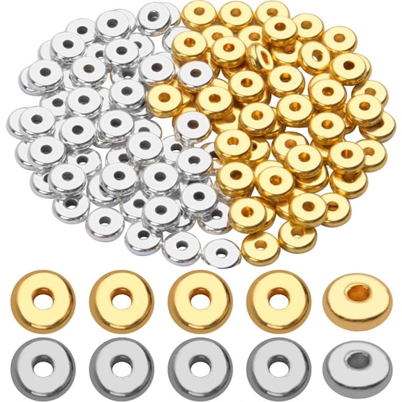 200pcs Gold and Silver Flat Round Rondelle Spacer Beads Disc Spacers Loose Beads Jewelry Metal Spacers for DIY Bracelet Necklace Crafts, 8mm