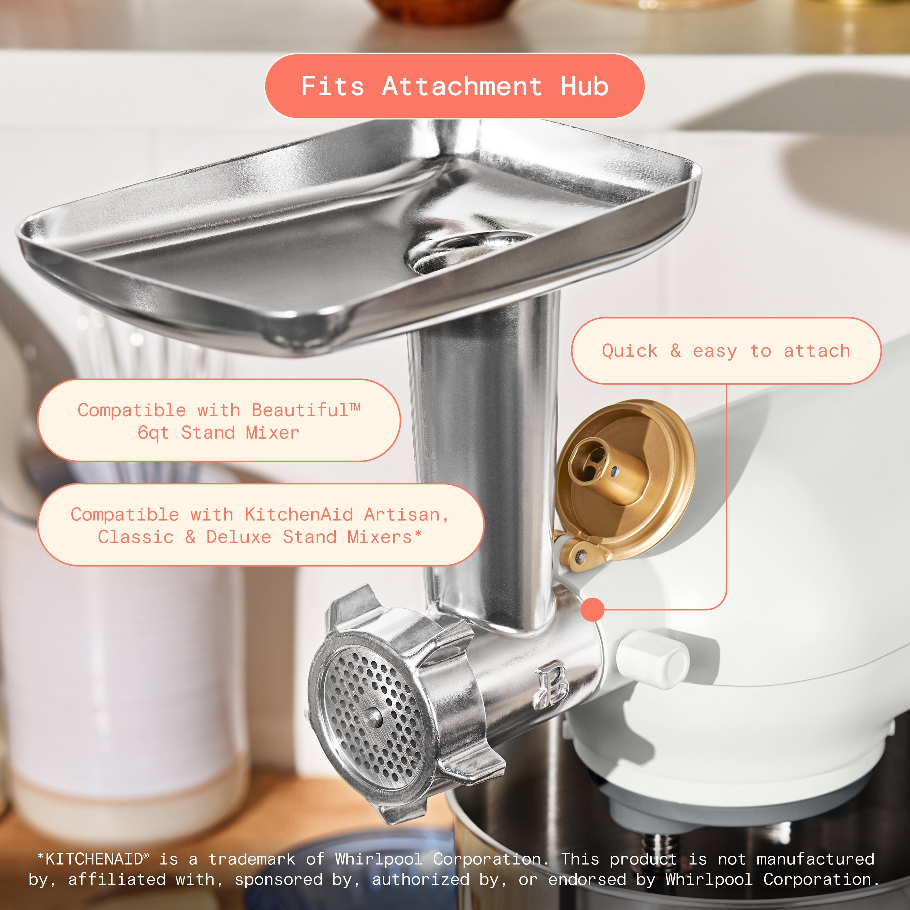 Beautiful Meat Grinder Stand Mixer Attachment with 3 Stainless Steel Grinding Plates, by Drew Barrymore