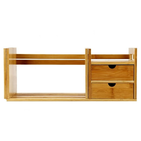Draper Tabletop - TOPINCN Bamboo Wood Extendable Desk Tabletop Book Rack Bookshelves Bookcase Organizer with 2 Drawer, Tabletop Book Rack,Tabletop Bookcase