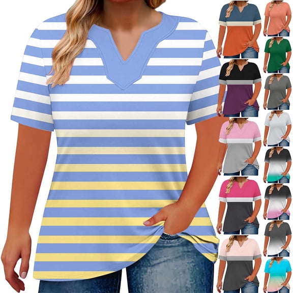 Otvok Plus Size Tops for Women Summer Tops Loose Fit Tee Shirts V-Neck Short Sleeve Blouses