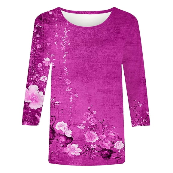 CYMMPU Flower Pattern 3/4 Sleeve Fall Fashion Shirts Loose Fit Spring Tops Blouses for Women Dressy Casual Crew Neck T-Shirts Lightweight Basic T-Shirts Hot Pink XXXXXL