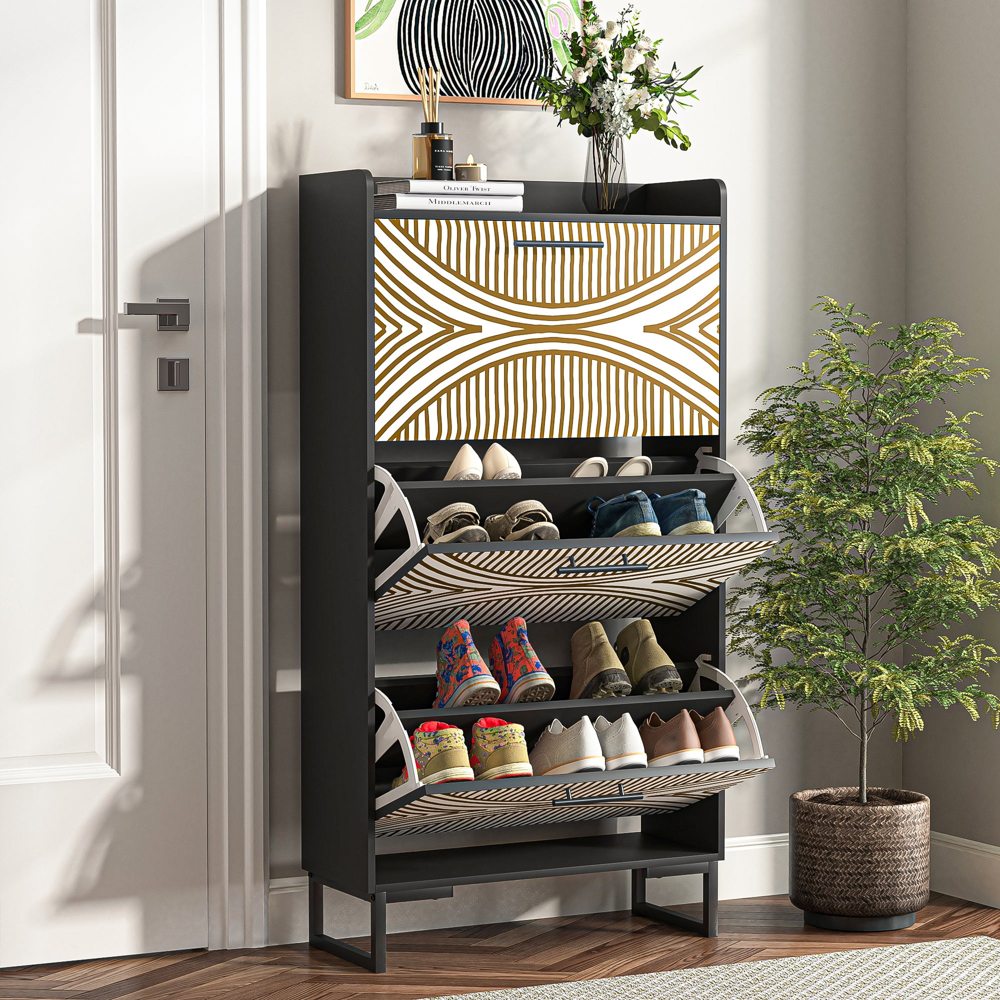 YYAo Entryway Shoe Cabinet, Shoes Storage Organizer Narrow Shoe Storage Rack with Flip Doors, Tipping Bucket Shoe Cabinet for Closet, Living Room, Black YYAo Entryway Shoe Cabinet, Shoes Storage Organizer Narrow Shoe Storage Rack with Flip Doors, Tipping Bucket Shoe Cabinet for Closet, Living Room, Black