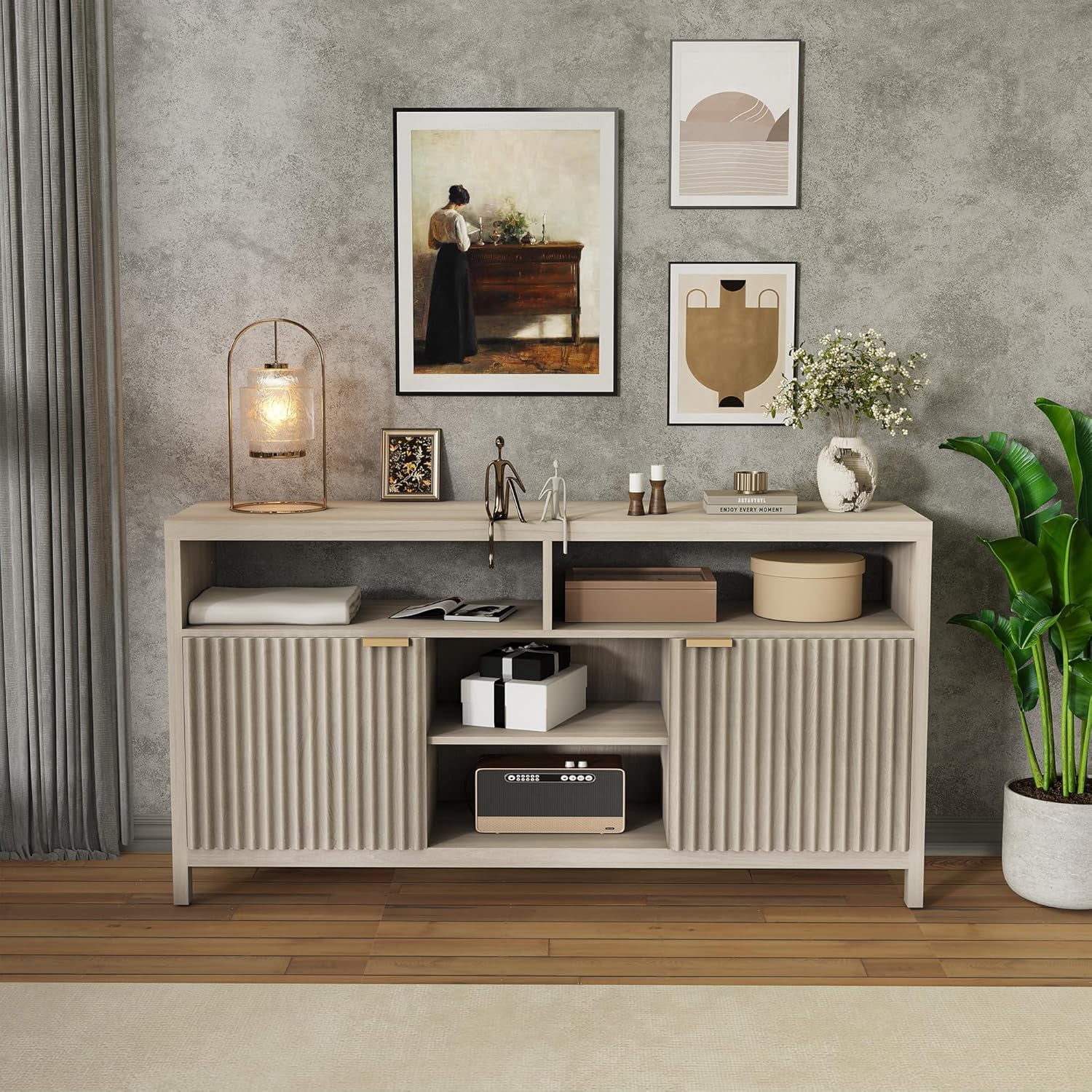 59" Fluted TV Stands for Living Room, Mid Century Modern Entertainment Center with Adjustable Shelves and Open Storage, TV Console for Bedroom, Apartment