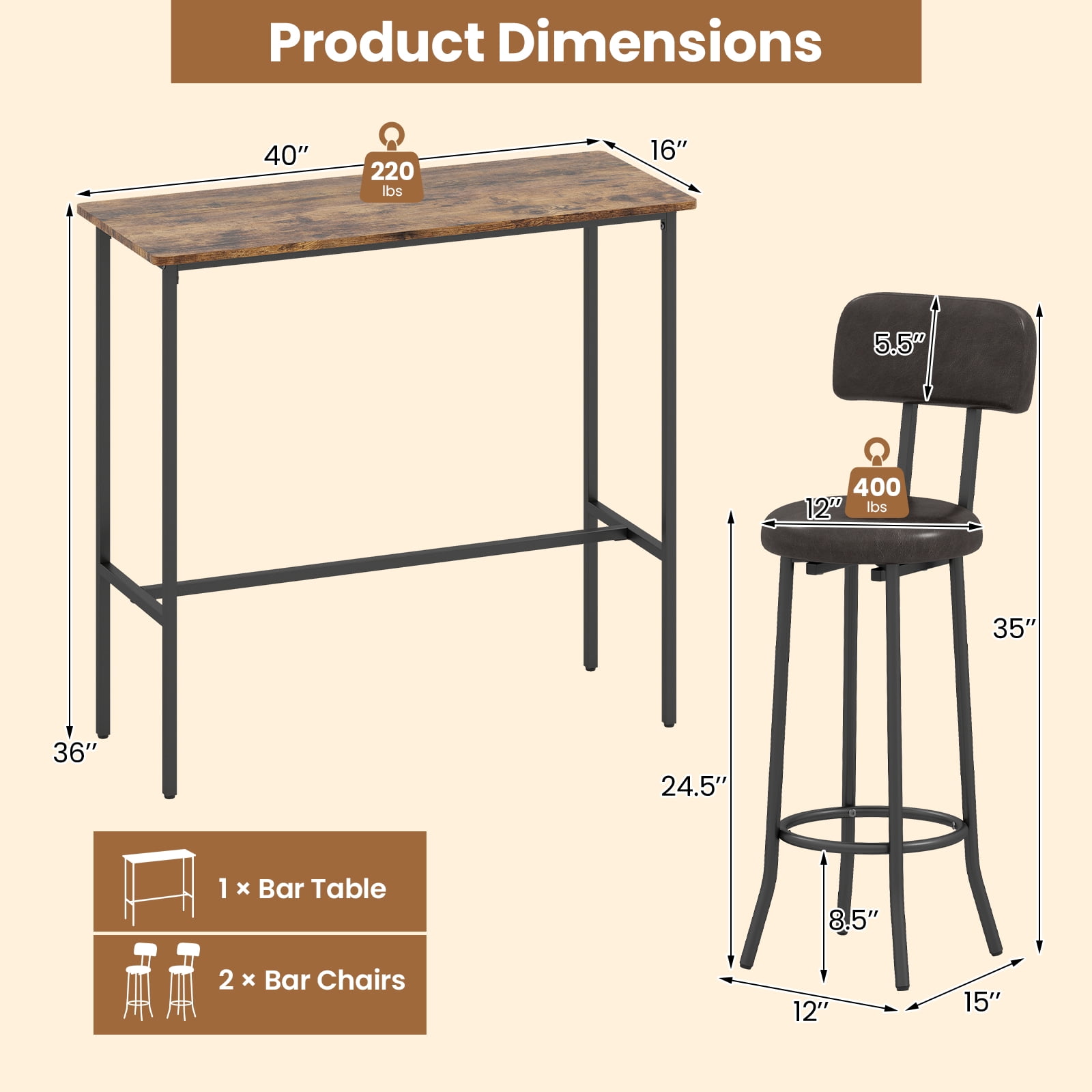Gymax Industrial Bar Table Set Space-Saving Pub Table & Stools Set for Dining Room