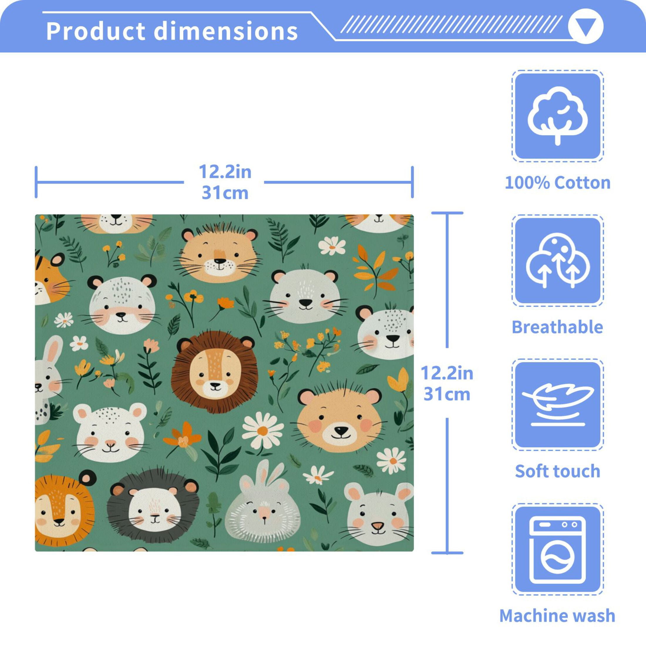 Wobogo Cute Animal Faces in A Seamless Jungle Pattern Square Cotton Towel Set of 6 Soft and Skin-friendly with Good Absorbency 12×12in