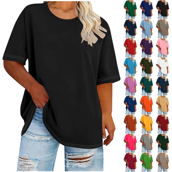 Otntypg Women's Plus Size T Shirts Loose Fit Oversized Basic Workout Tees Cute Spring Fashion Short Sleeve Crew Neck Tunic Tops Hot Pink#01 XL