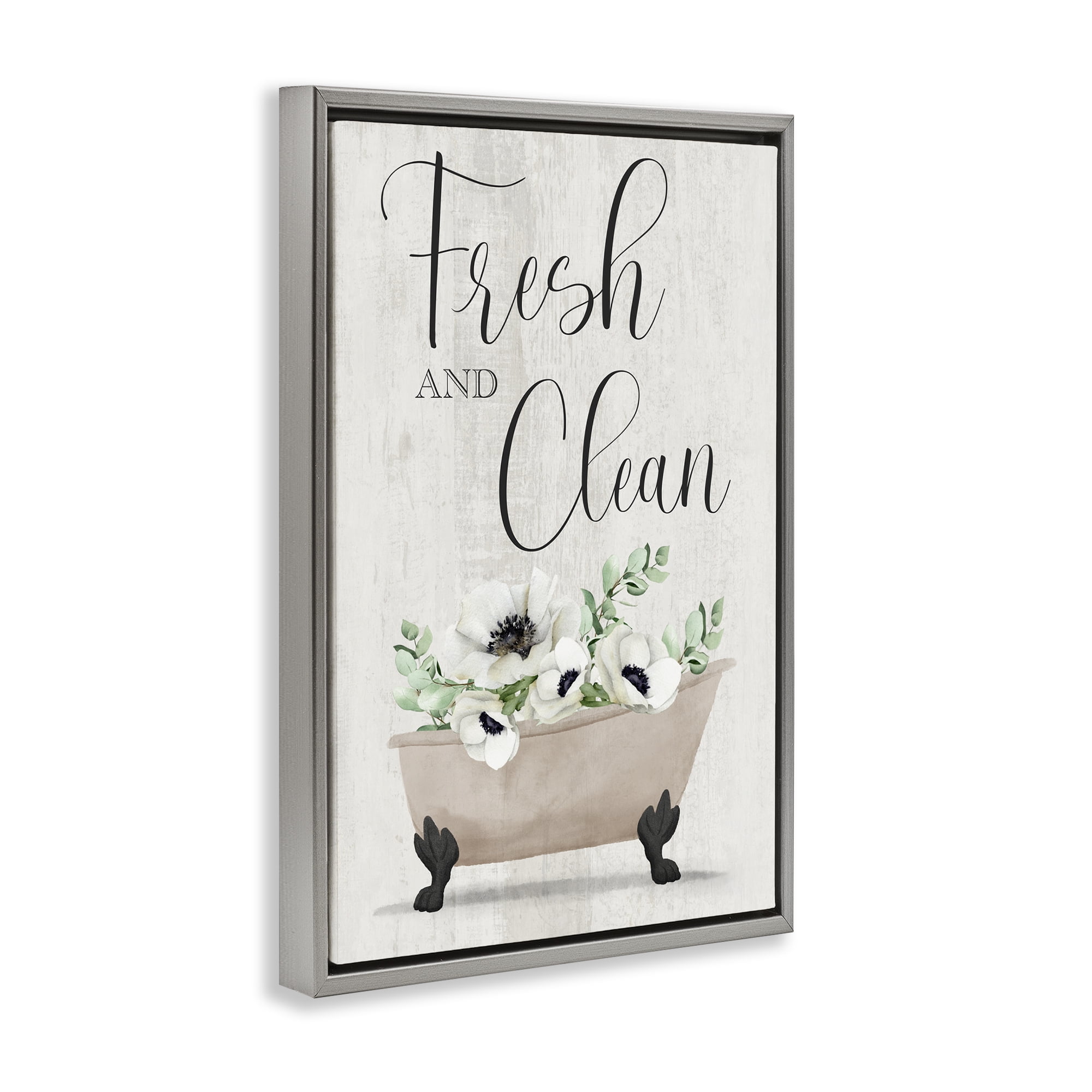 Stupell Industries Fresh & Clean Poppy Tub Bath & Laundry Painting Gray Floater Framed Canvas Art Print Wall Art, 21 x 31