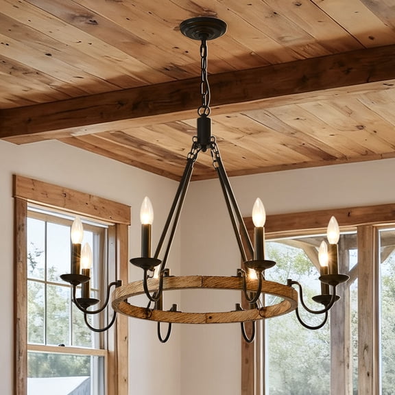 8 Lights Rustic Wagon Wheel Chandelier,Farmhouse Pendant Light Fixture, industrial Candle Chandeliers for Dining Room Living Room Kitchen