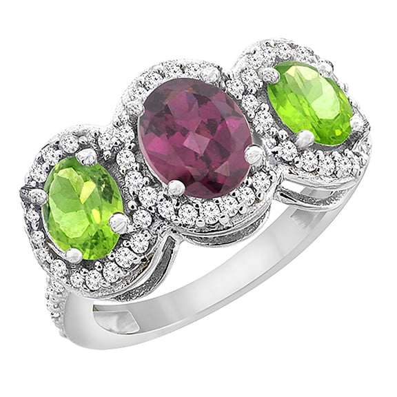 10K White Gold Natural Rhodolite & Peridot 3-Stone Ring Oval Diamond Accent, size 5.5