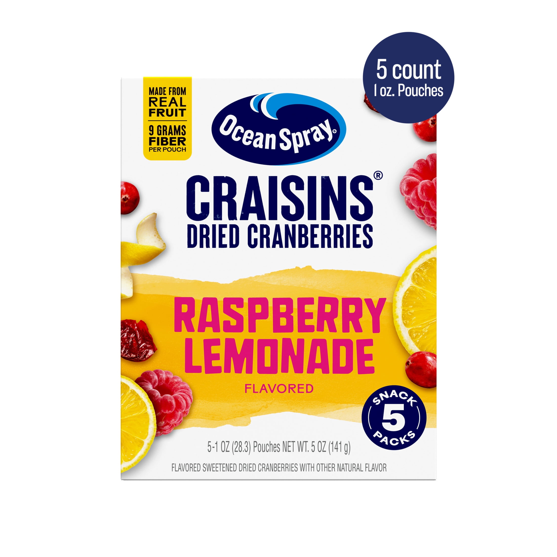 (10 pack) Ocean Spray®  Raspberry Lemonade Flavored Craisins® Dried Cranberries, 5‑Count Single‑Serve 1 oz Snack Packs