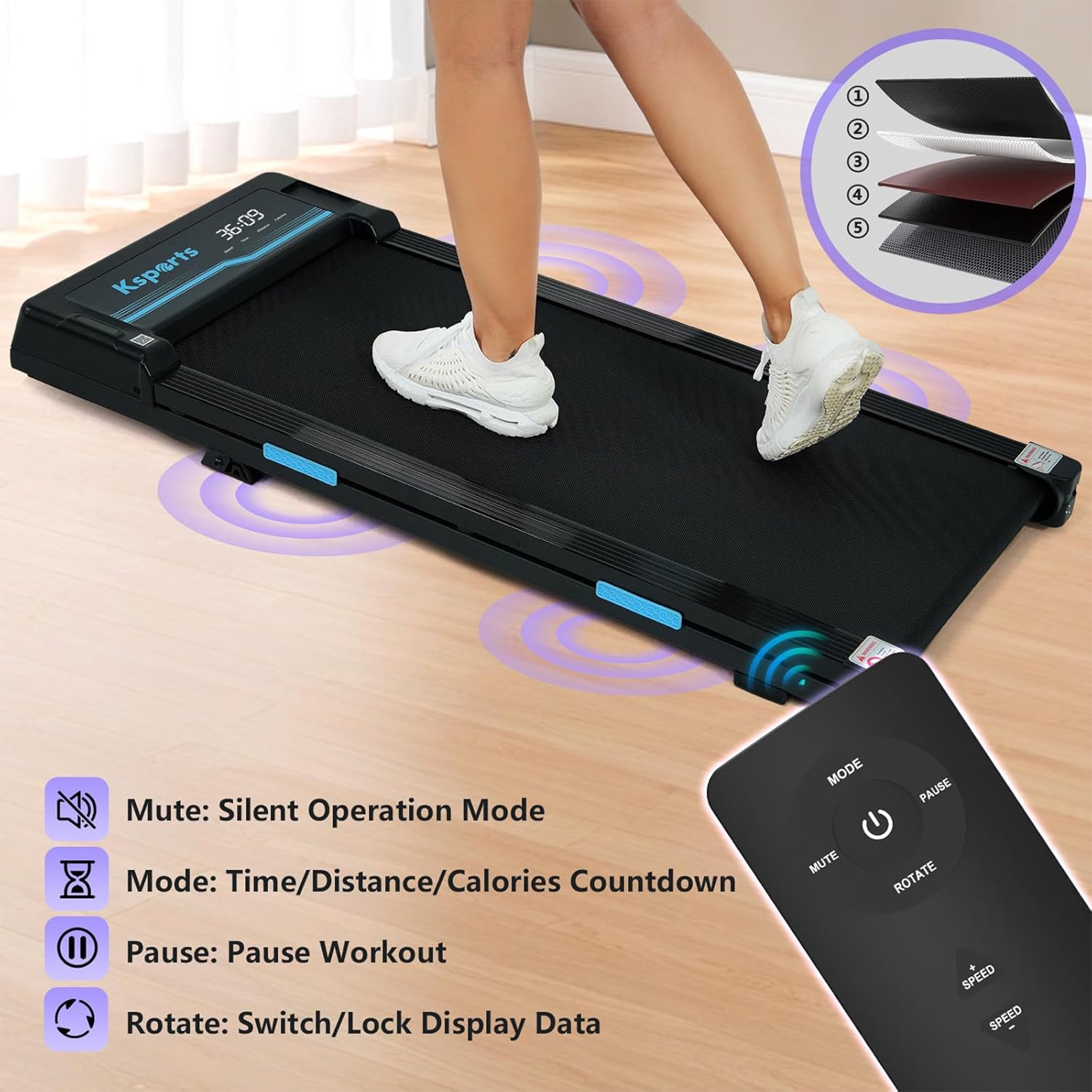 Ksports Under Desk Walking Pad Treadmill w/ Manual Incline & Wheels, 2.5 HP