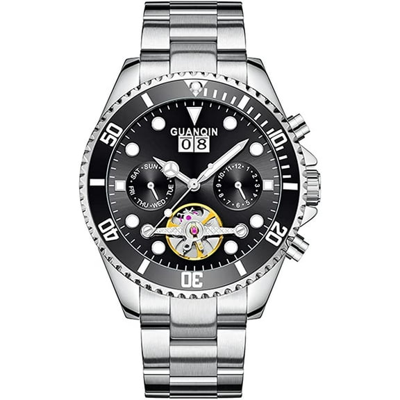 GUANQIN Skeleton Tourbillon Multifunctional Automatic Self-Winding Mechanical Men Wrist Watch Business Stainless Steel Sapphire Crystal Waterproof Clock Luminous Day Date
