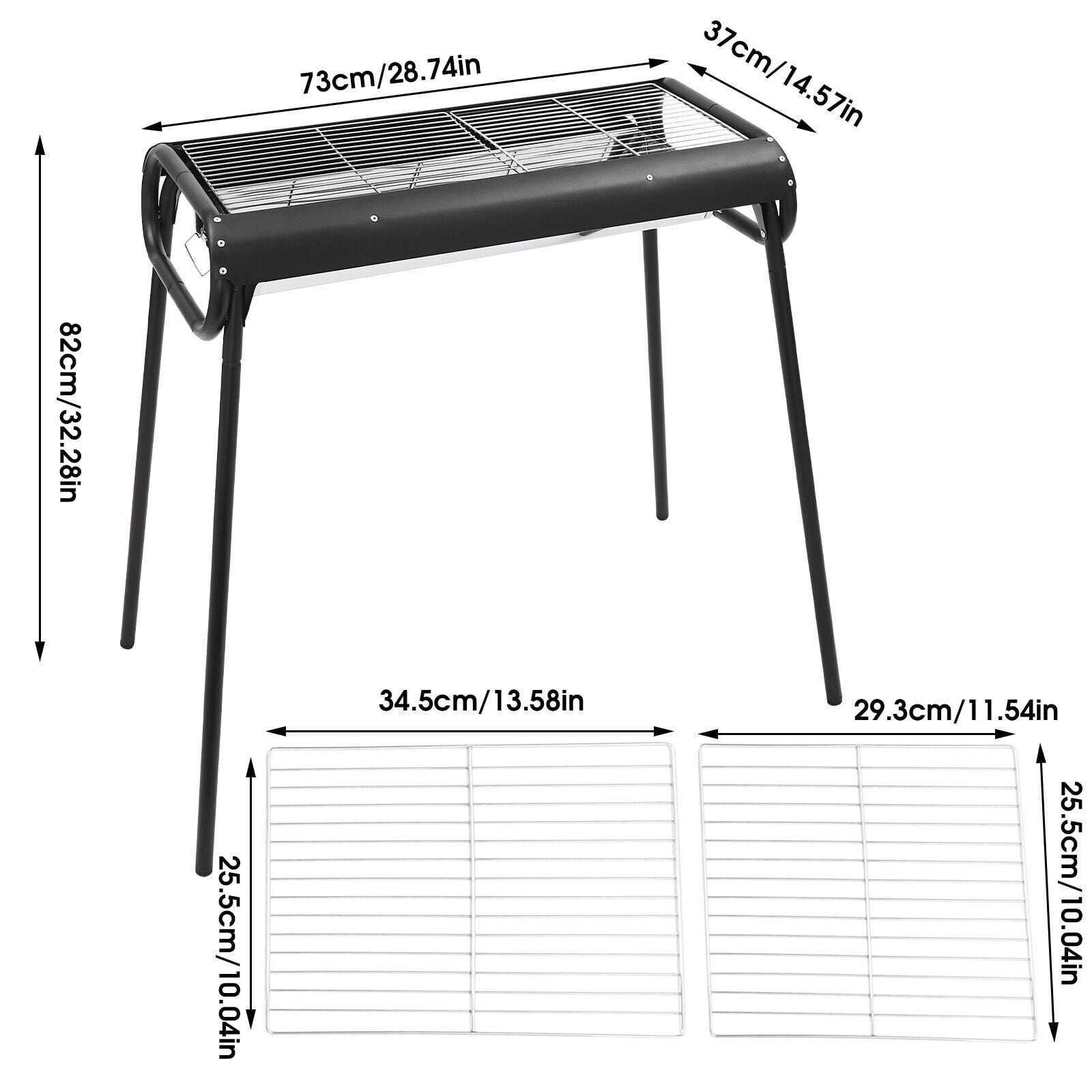 Black/Silver Rectangular Portable Charcoal Grill, Stainless Steel. Detachable, 3-8 People, Large Grilling Area. Ventilated Design, Easy Clean.
