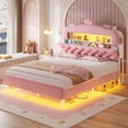 thumbnail image 2 of Full Size Princess Bed Frame with 2-Tier Storage Bookcase, LED Headboard ,Velvet Upholstered Platform Bed Full with Charging Station,Crystal Button & Crown, No Box Spring Needed,Pink, 2 of 9