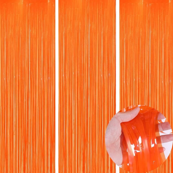 Orange Metallic Tinsel Foil Fringe Curtains, 3 Pack 3.3x6.6 Feet Party Streamer for Birthday, Halloween Decor, Foil Curtain for Bachelorette Party Decorations