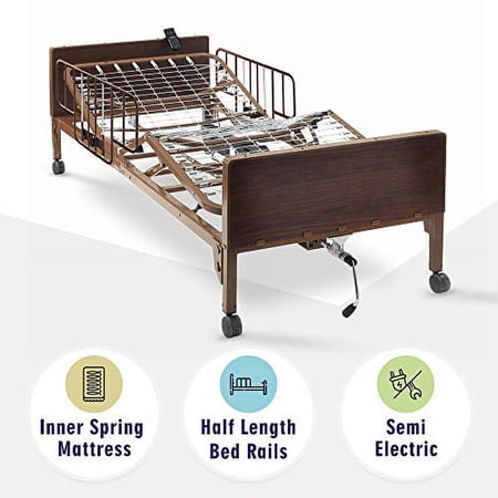 Semi Electric Hospital Bed with innerspring Mattress and Half Rails Included - for Home Care Use and Medical Facilities - Fully Adjustable, Easy Transport Casters, Remote - 80" x 36"