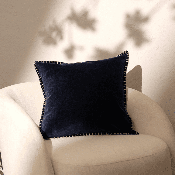 Stonewashed Cotton Velvet Throw Pillow with Decorative Handstiched Edges-19X19"