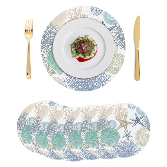 Round Placemats Starfish Coastal 15 inch Set of 6 Table Mats for Dining Table Ocean Beach Coral Shell Nautical Heat Resistant Non-Slip Kitchen & Home Decorative Place Mat Set