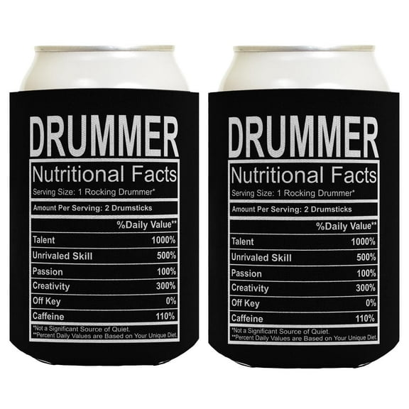 Musician Gifts Drummer Nutritional Facts 1 Rocking Drummer 2-Pack Can Coolie Drink Coolers