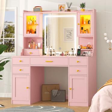Vanity Desk with LED Lighted Mirror, 41.3" Makeup Vanity Table with Power Outlet and Lots Storage, 6 Drawers and Storage Shelves for Bedroom, Dressing Table with RGB Cabinets, Pink