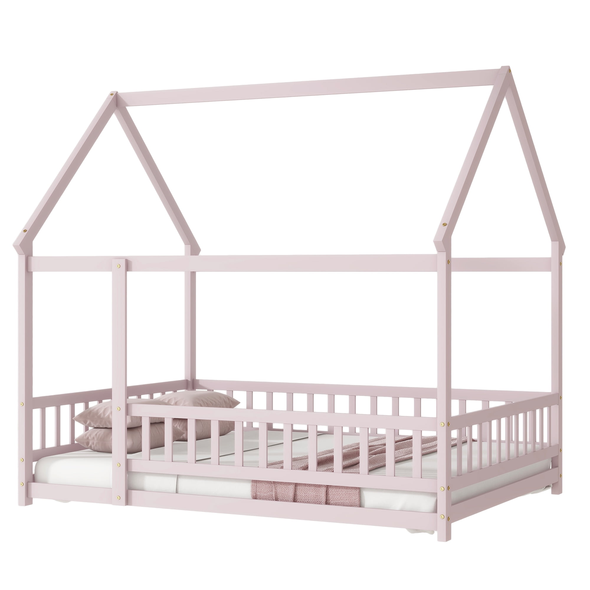 Sailvan Full Size House Floor Wooden Bed with Roof Frame, Safety Guardrails