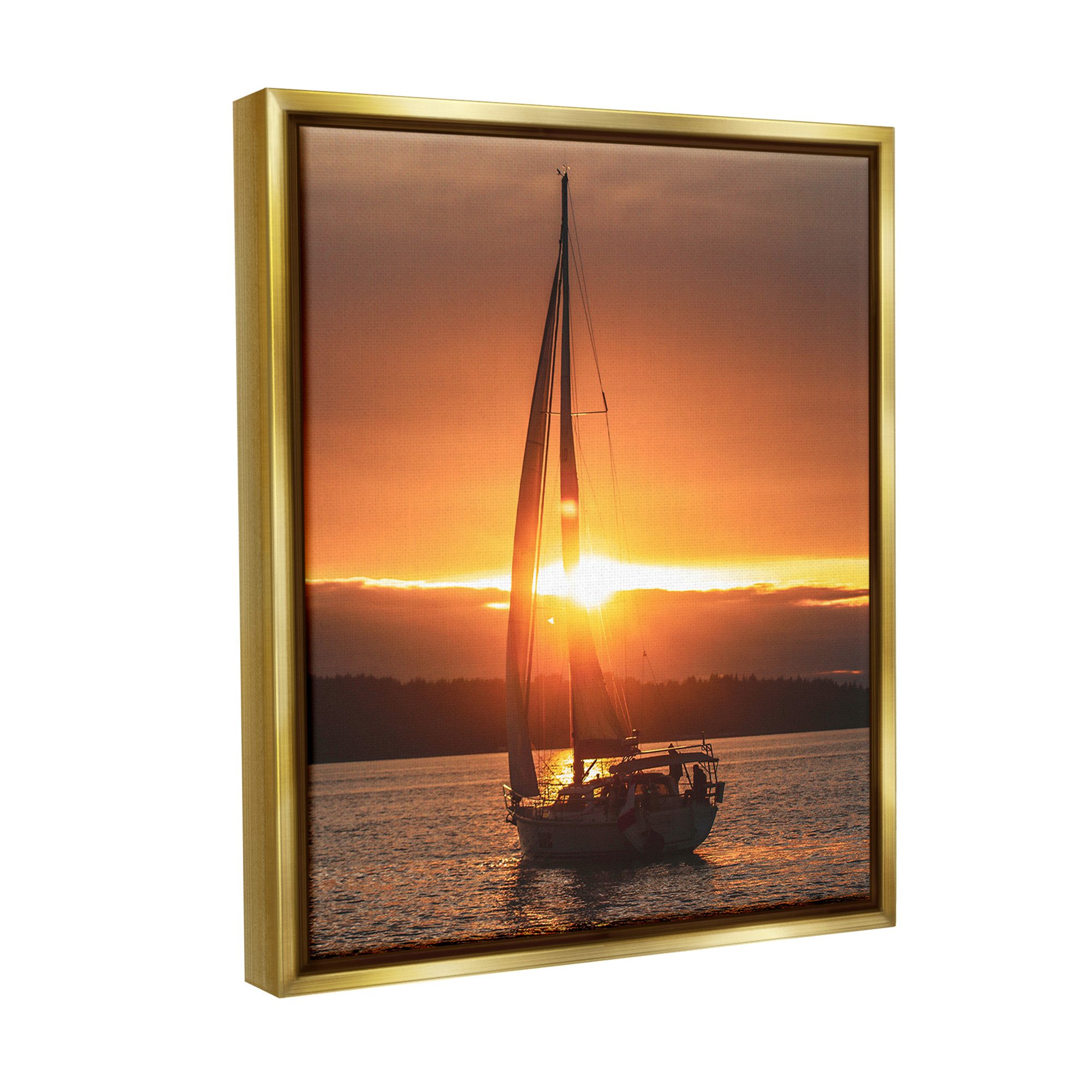 Stupell Industries Sailboat at Sunset Transportation Photography Gold Floater Framed Canvas Art Print Wall Art, 17 x 21