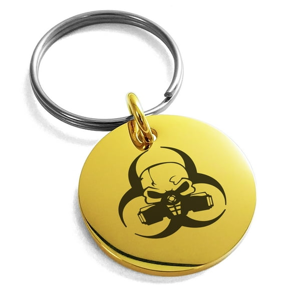 Stainless Steel Biohazard Skull Engraved Small Medallion Circle Charm Keychain Keyring