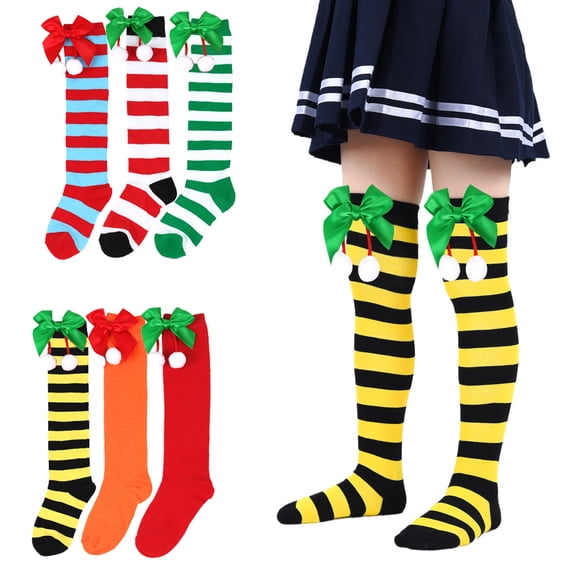 Esaierr Kids Girls Christmas Holiday Knee High Socks Cute Bowknot Fur Ball Compression Socks Fall Winter Christmas Socks Thigh High Socks (6 Pairs) 7-12 Years