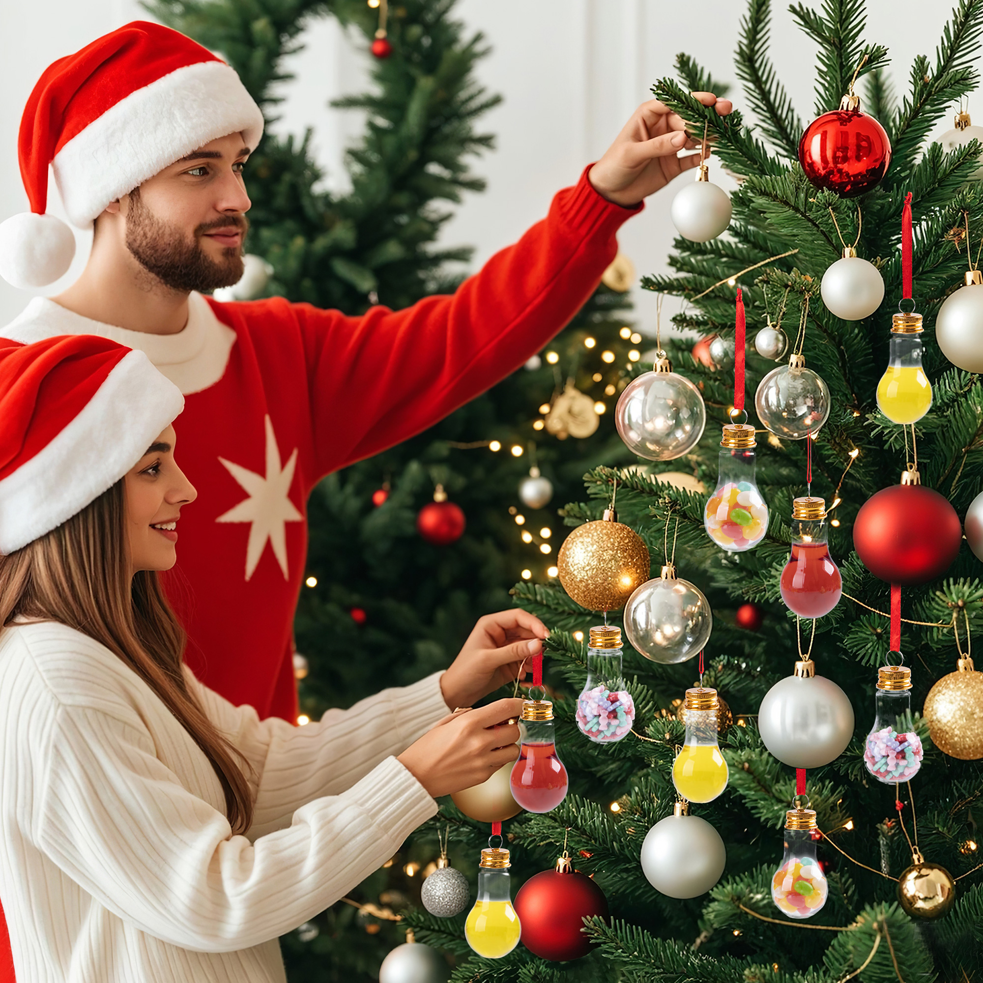 Fillable Christmas Ornament Drink Balls, 50 ml Reusable Plastic Bulb-Shaped Ornaments, 6 Pack Clear Hanging Decorations for Holiday Trees and Gift Exchanges