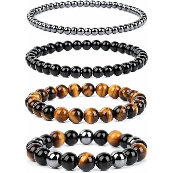 Triple Protection Bracelet,Genuine Tigers Eye Black Obsidian and Hematite Beads Bracelet for Men Women,Handmade Crystal Healing Bracelets Bring Luck and Prosperity and Happiness