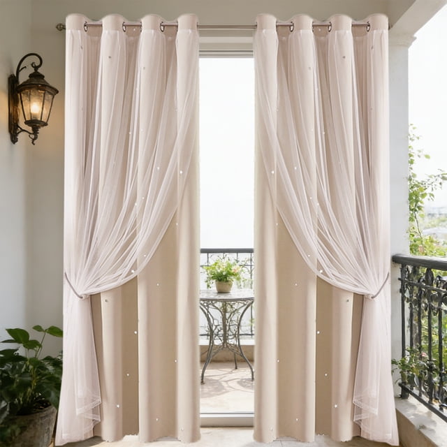 ddioayh Curtains Double Layer Blackout Thermal Insulated with Star Lace Design 84x52in for Bedroom and Living Room Adjustable Light Control