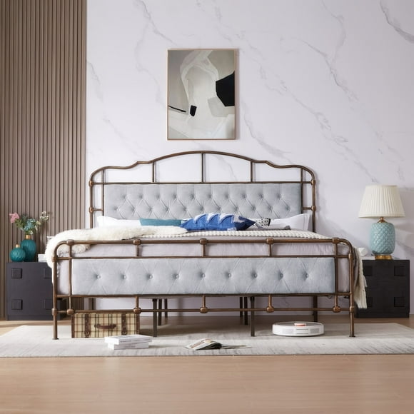 TOYTEXX King Size Metal Bed Frame with Tufted Grey Boucle Headboard, Wooden Slats, No Box Spring Needed