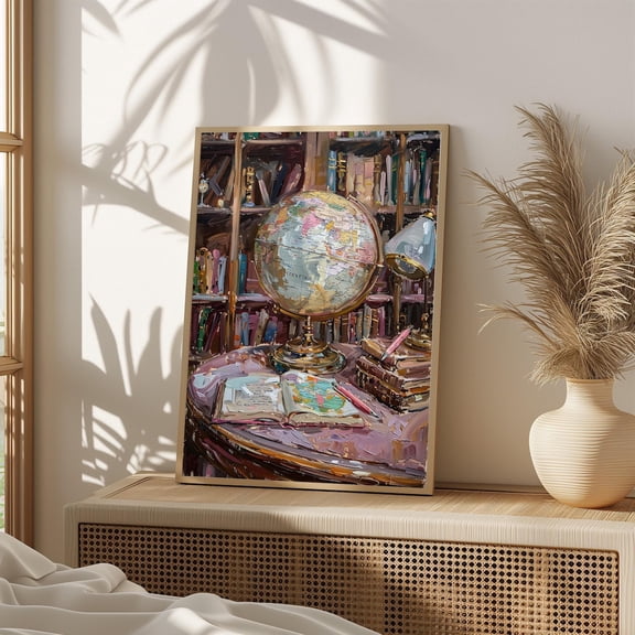 Vintage Globe Wall Art Poster Antique Library Scene Study Room Map and Book Decor Academic Office Artwork 535, Size 24x36 UNFFRAMED F03.1.6l2252
