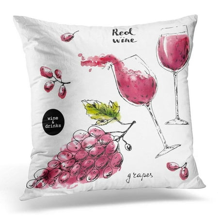 Grape Arbor Stained Glass ARHOME Black Ink Sketch of Wine Glasses with Red Watercolor Stains and Grape Berries for Food and Drink Label Pillow Case Pillow Cover 18x18 inch ()