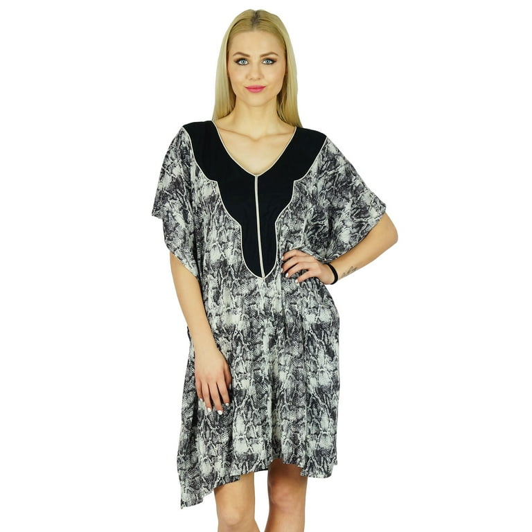 cotton short kaftan dress Bimba Women Short Kaftan With Pom Pom Lace Black Cotton Caftan Coverup Dress