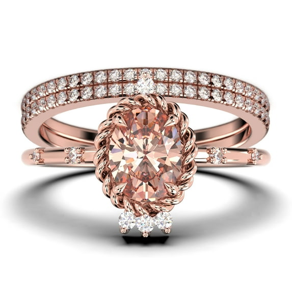 Dazzling Art nouvea 2.50 Carat Oval Cut Morganite And Diamond Moissanite Engagement Ring, Wedding Ring in 10k Solid Rose Gold, Compass Ring, Promise Ring, Anniversary Ring, Trio Set, Matching Band