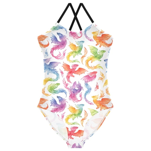 Girls Dragon Fire Rainbow Print One Piece Swimsuit, Cross Back Spaghetti Strap Bathing Suit for Kids Summer Beach Pool Swimwear 7-8T