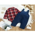 thumbnail image 4 of QJUHUNG Spring Autumn 2Pcs Newborn Baby Boys Clothes Sets Plaid Rompers+Cartoon Dog Pattern Long Suspender Pants 3-6 Months, 4 of 6
