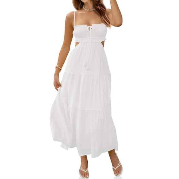 Summer Women Thin Shoulder Strap Sleeveless Side Slit Dress Bohemian Flowing Long Skirt