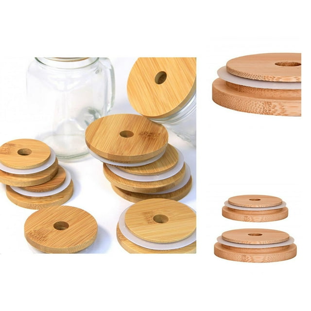 Bamboo Lid with Straw Hole Wide Compatibility Round Sealing Ring Mason Jar Lid Kitchen Supplies