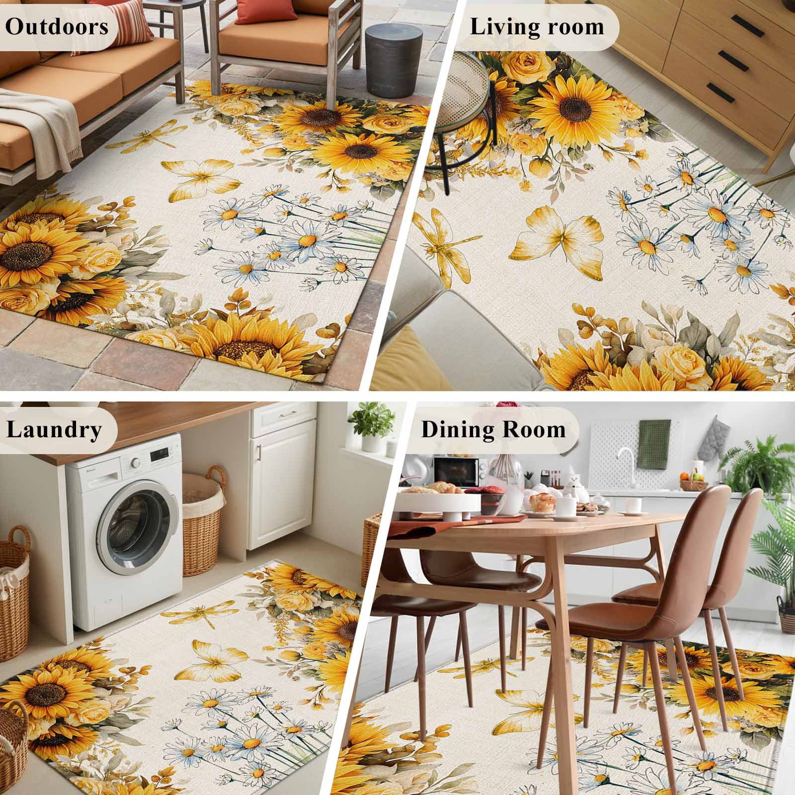 3'x5' Rug for Living Room Bedroom, Farmhouse Sunflower Washable Area Rugs Non-Slip Carpet Mats, Vintage Daisy Butterflies Rustic Burlap Indoor Low Pile Area Rug Runner for Kitchen, Mudroom